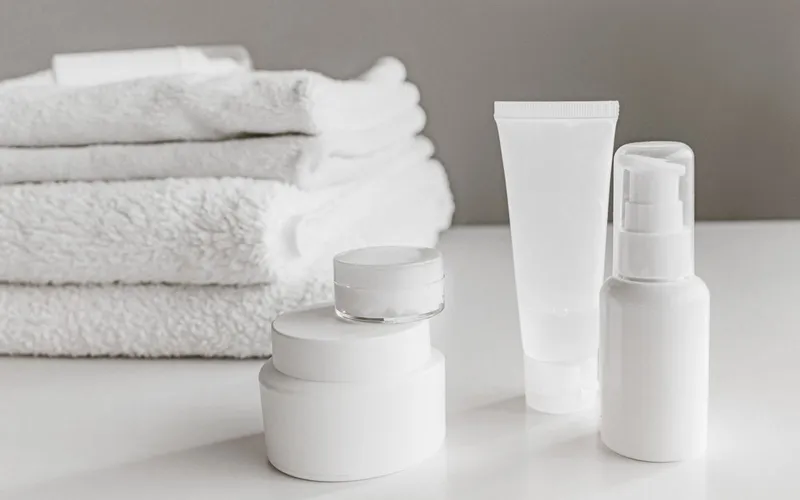Toallas blancas dobladas junto a envases de crema sobre una superficie clara
